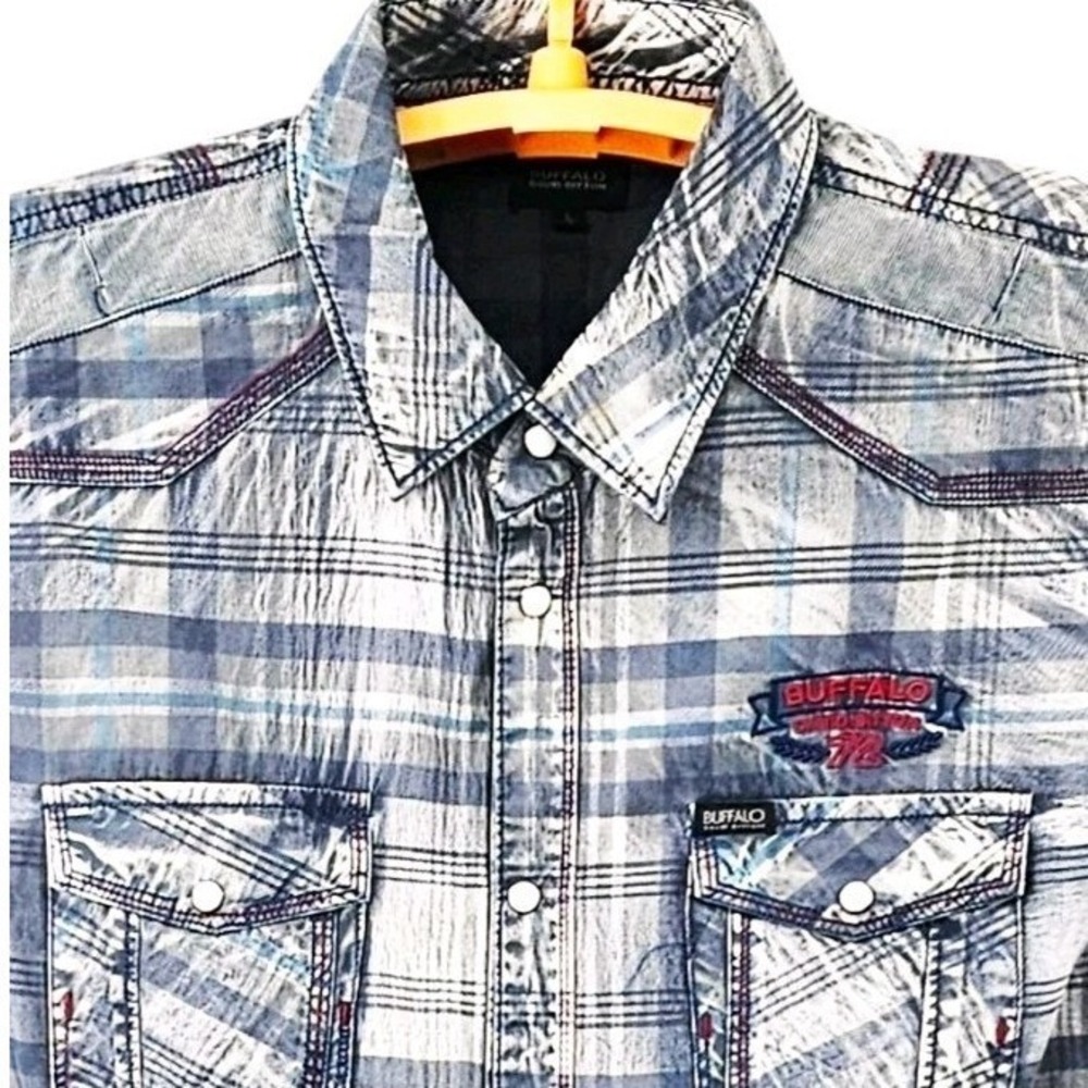 Buffalo David Bitton Men's Large Plaid Pearl Snap Short Sleeve Western Shirt - Picture 2 of 8